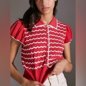 Maeve Red and White Short-Sleeve Knit Cardigan